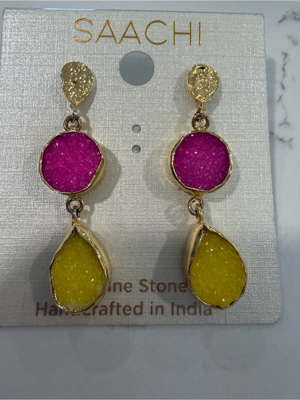 SAACHI Pink and Yellow Druzy Drop Earrings in Gold Tone